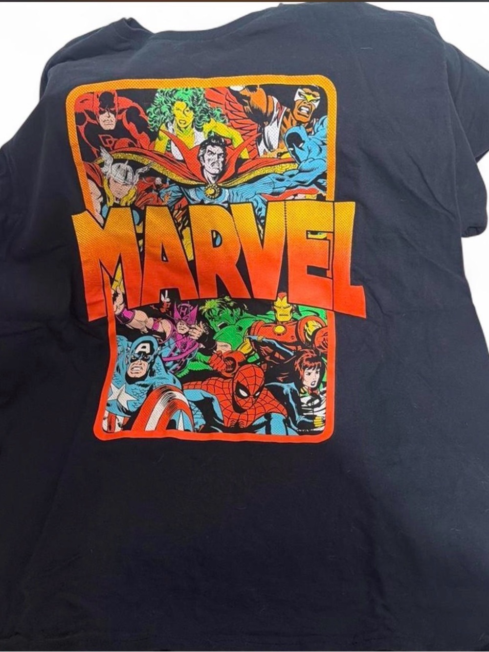 Marvel Black Tee with Multicolor Classic Superhero Panel
